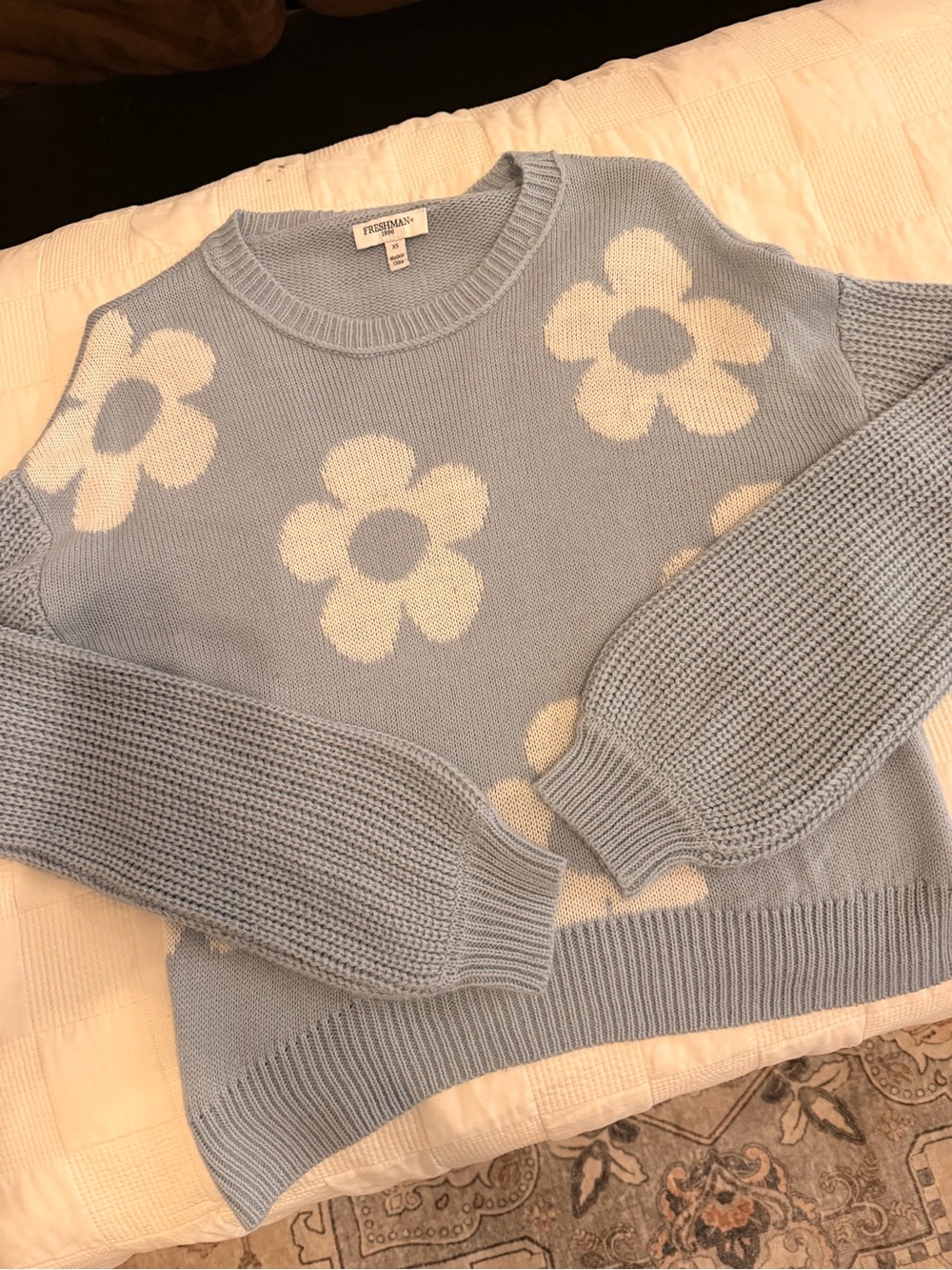 Freshman Light Blue Crewneck Sweater with White Daisy Motif